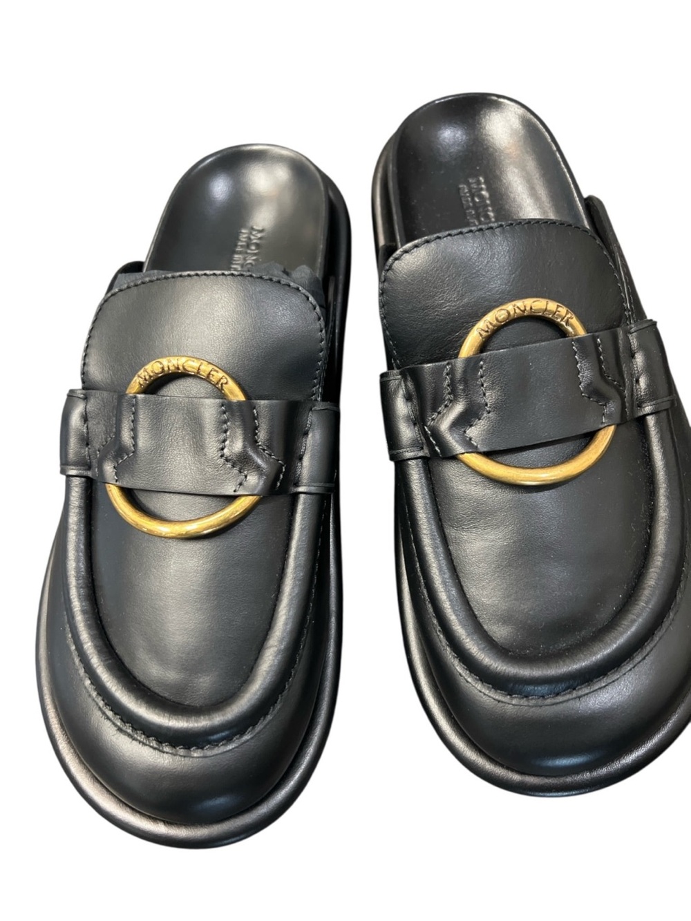 Moncler Bell Mule Black Leather Slip-On Mules with Gold Ring Accent